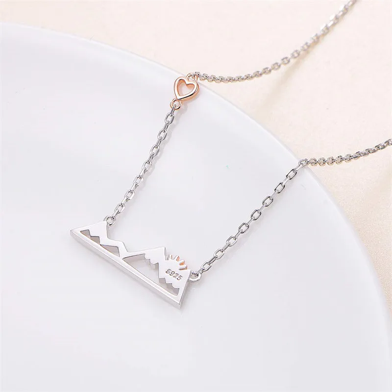 925 Sterling Silver Rose Gold Plated Heart Sunrise from Snow Caps Mountain Range Necklace Gift for Women Teen Girls Hikers Outdoor Lovers