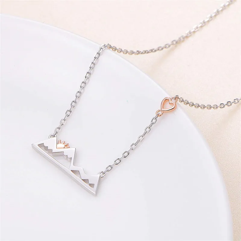 925 Sterling Silver Rose Gold Plated Heart Sunrise from Snow Caps Mountain Range Necklace Gift for Women Teen Girls Hikers Outdoor Lovers