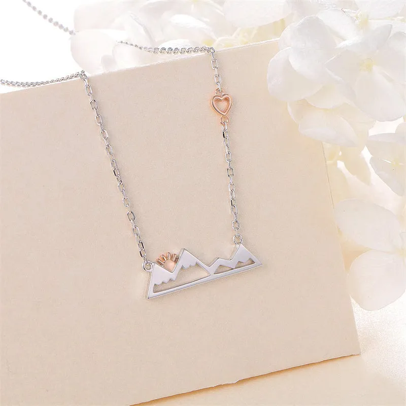 925 Sterling Silver Rose Gold Plated Heart Sunrise from Snow Caps Mountain Range Necklace Gift for Women Teen Girls Hikers Outdoor Lovers