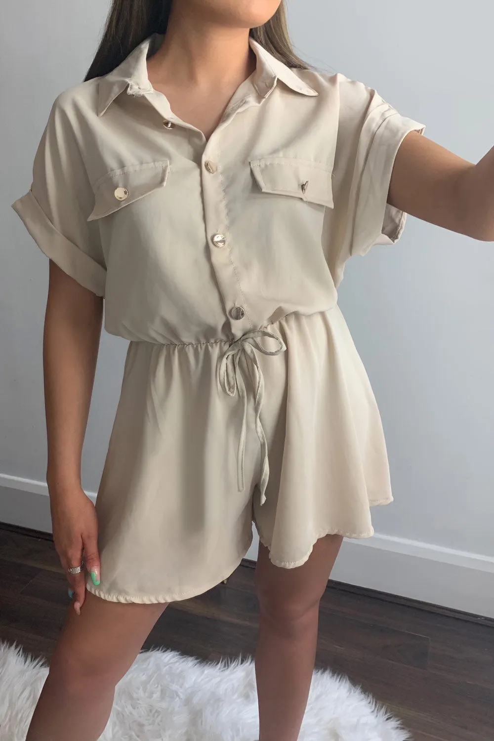 Beige Button Up Tie Waist Playsuit