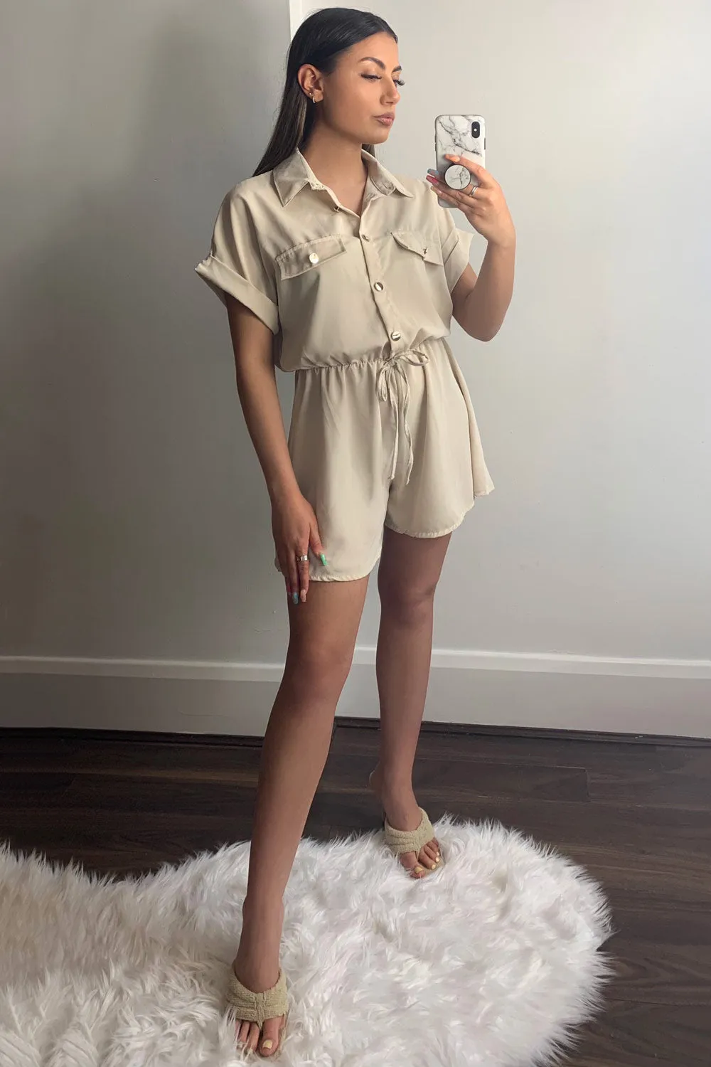 Beige Button Up Tie Waist Playsuit