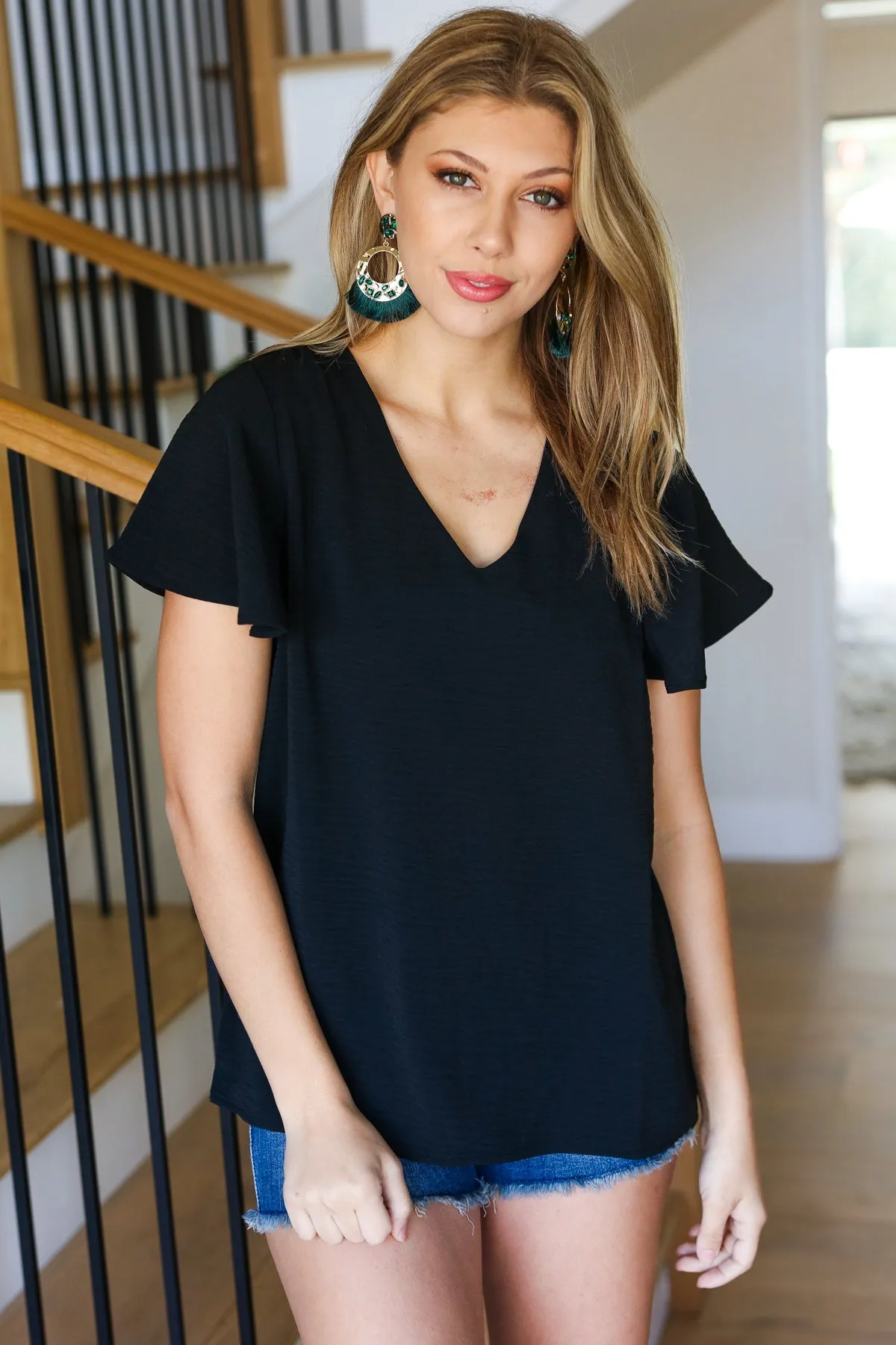 Black Flutter Sleeve V Neck Top