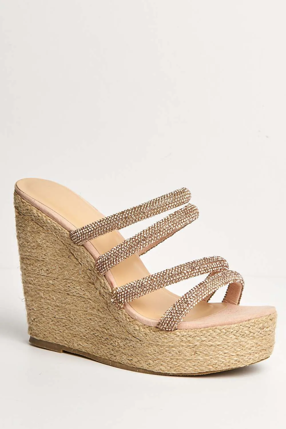 Cali Diamante Straps Espadrille Wedge Sandals in Rose Gold