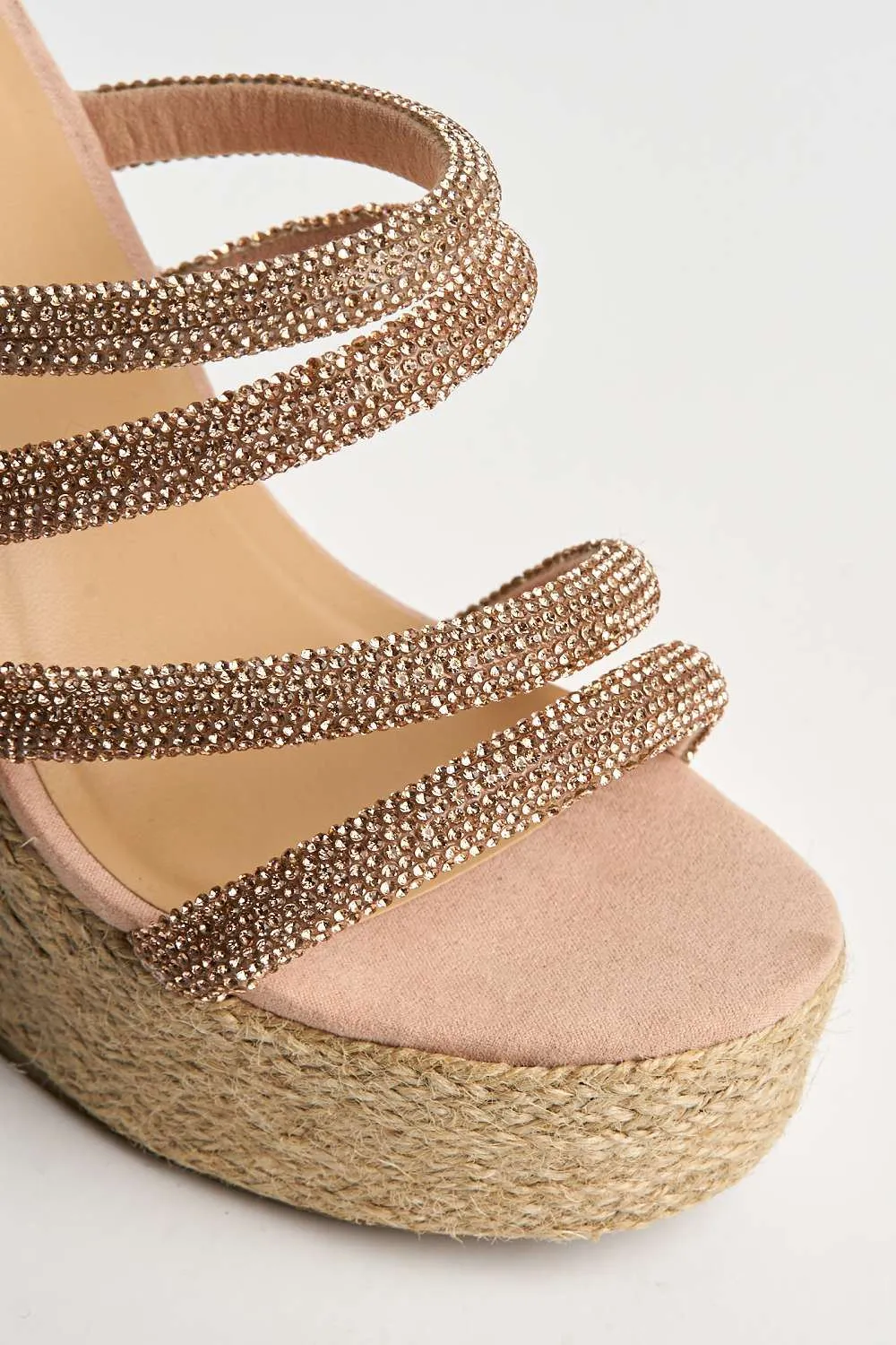 Cali Diamante Straps Espadrille Wedge Sandals in Rose Gold