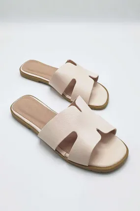 California Faux Leather Open Toe Flat Slider in Nude