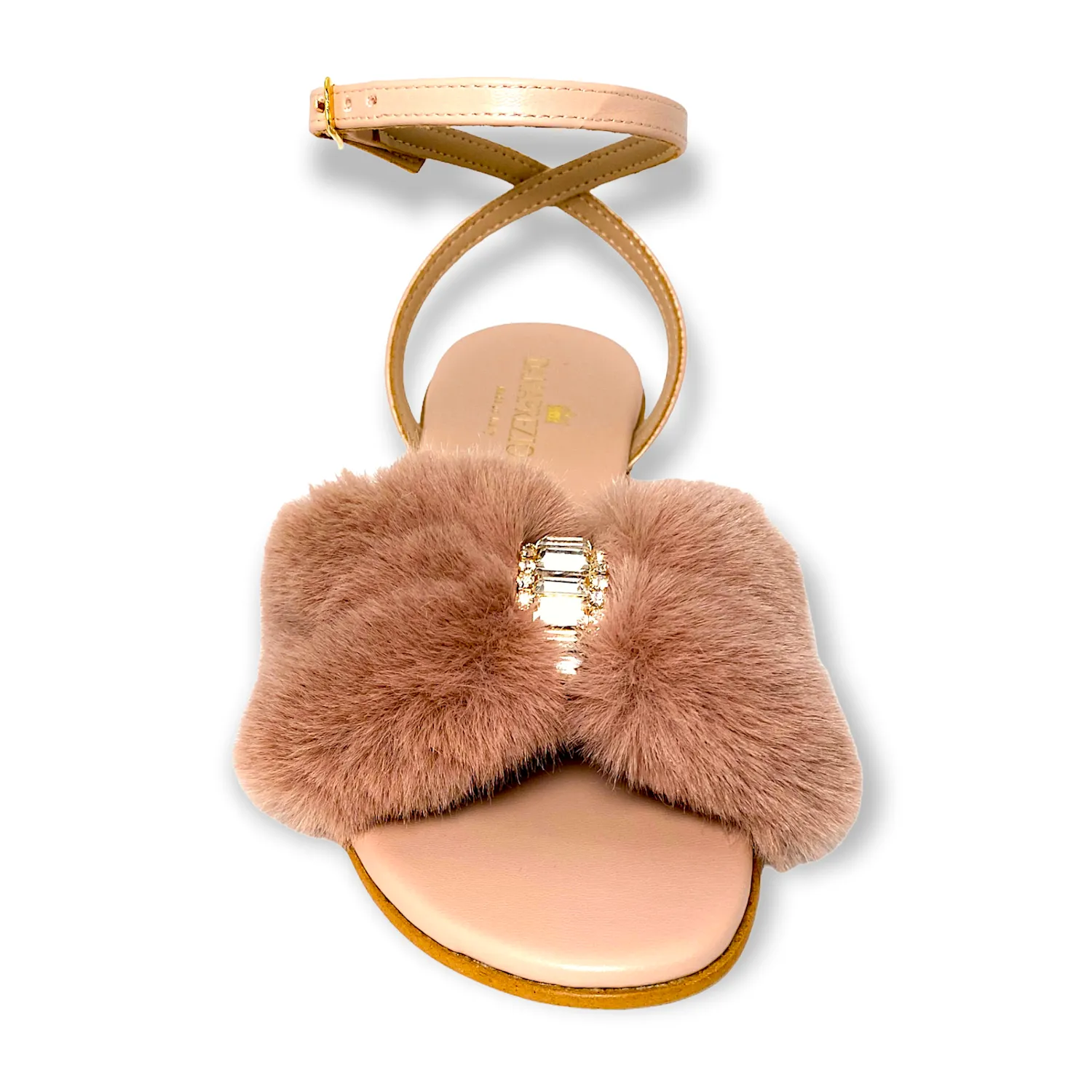 Camilla sandal in nude pink faux fur with crystals