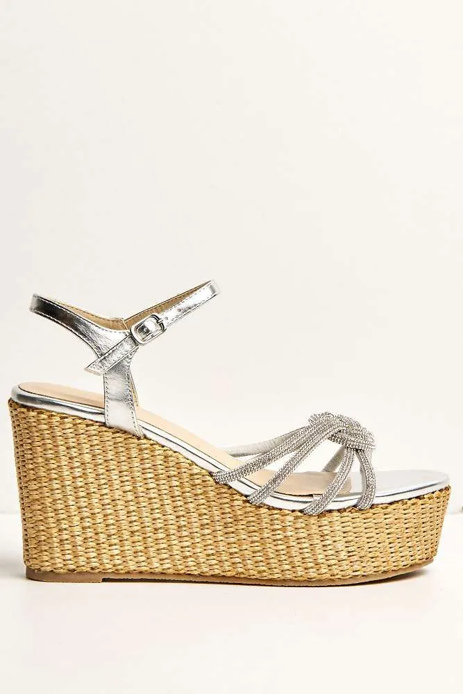 Gigi Diamante Embellished Band Ankle Strap Wedges in Silver