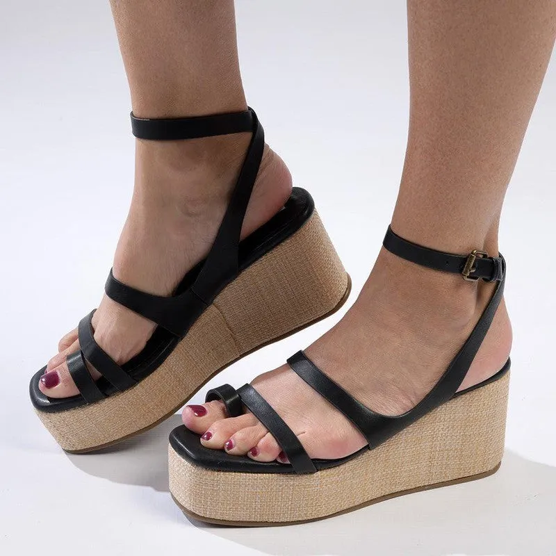 Madison Cara Strappy Weave Covered Wedge - Black