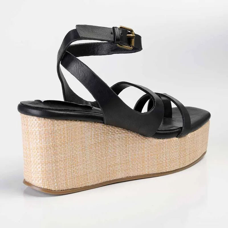 Madison Cara Strappy Weave Covered Wedge - Black