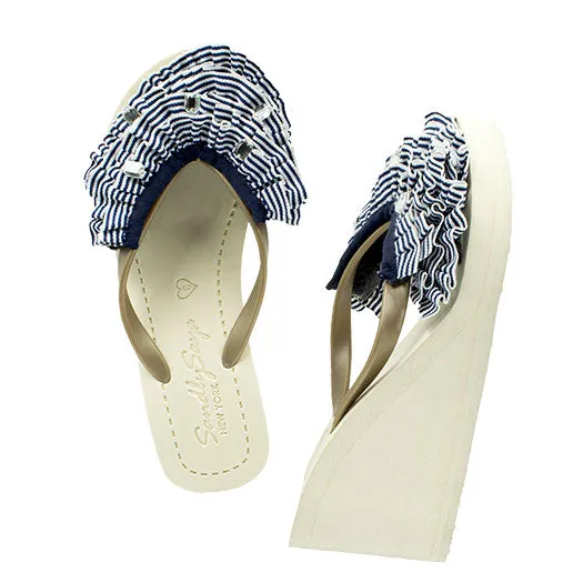 Marine Stripe Ruffle - Triple Rockaway - Embellished High Wedge Flip Flops Sandal