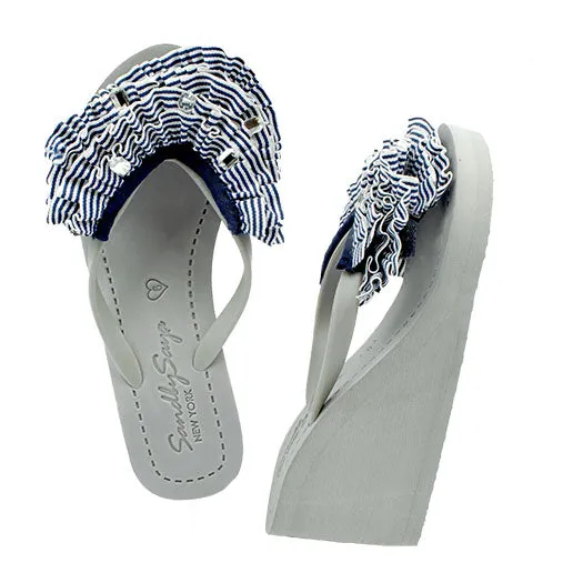 Marine Stripe Ruffle - Triple Rockaway - Embellished High Wedge Flip Flops Sandal