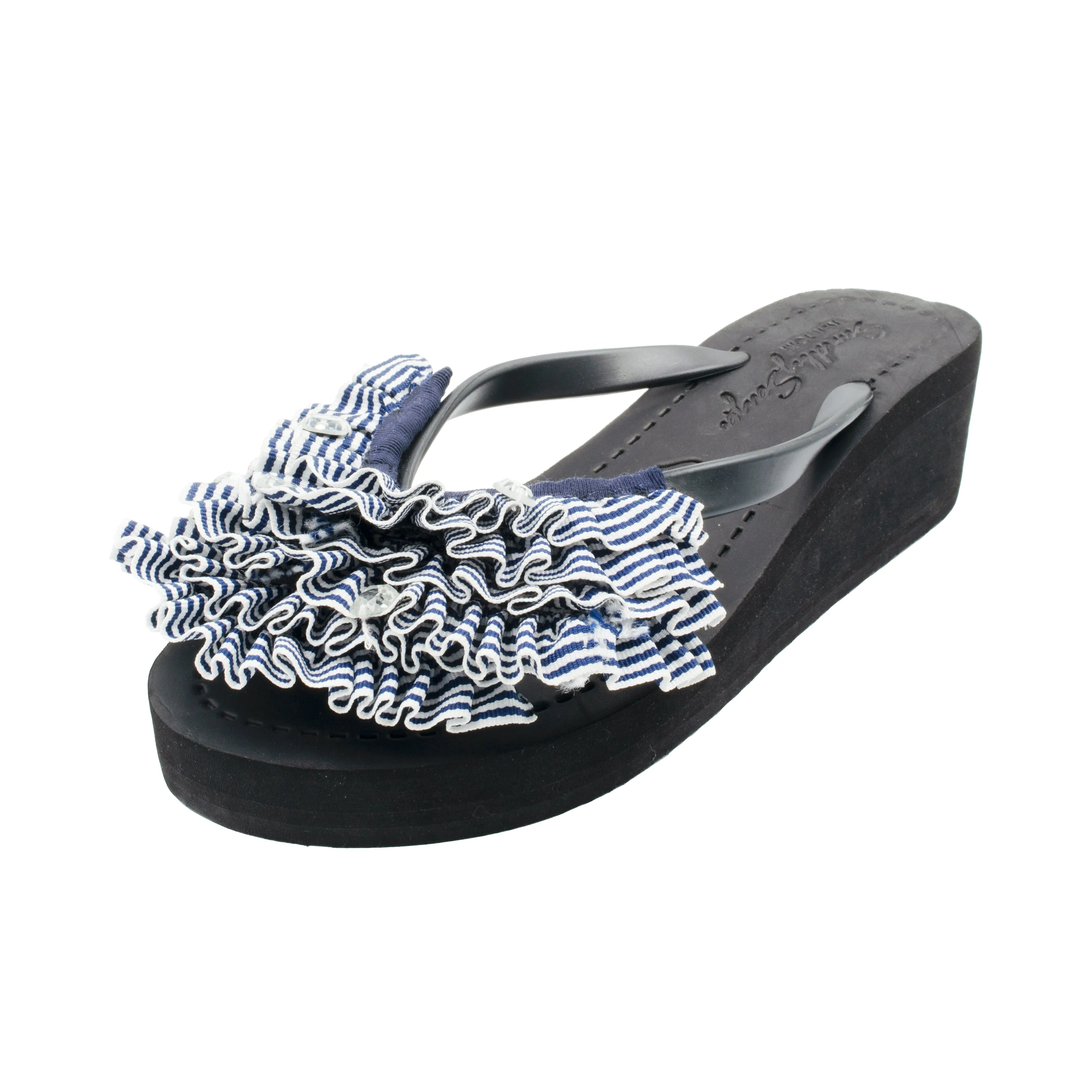 Marine Stripe Ruffle - Triple Rockaway - Women's Mid Wedge Flip Flops