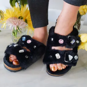 Shearling Fur Slide with rhinestones - Black Flat Women's Sandals