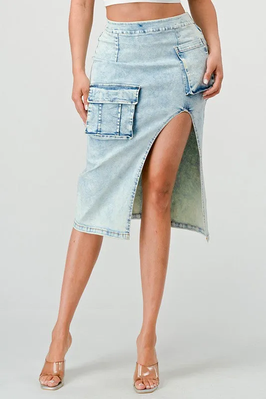 Side Stepper- High Side Split Denim Cargo Skirt