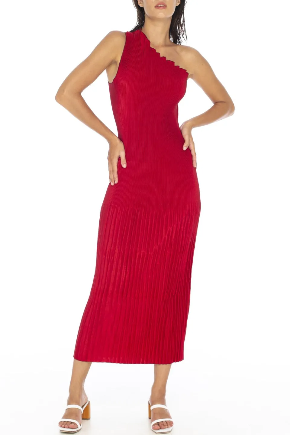 Elegant One-Shoulder Pleated Midi Dress in Rouge for Evening Soirees