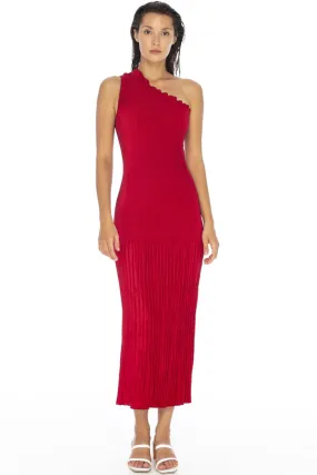 Elegant One-Shoulder Pleated Midi Dress in Rouge for Evening Soirees