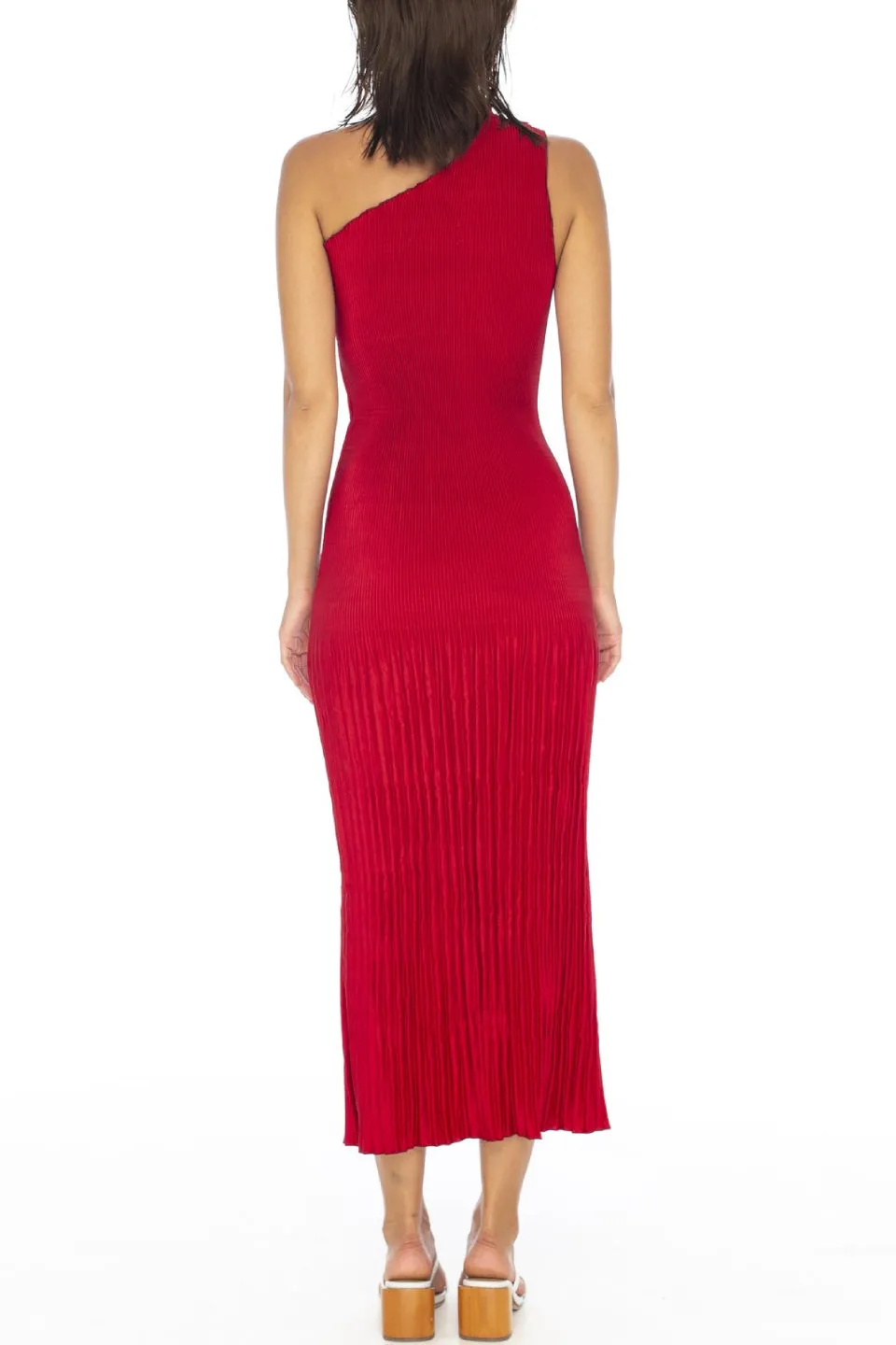 Elegant One-Shoulder Pleated Midi Dress in Rouge for Evening Soirees