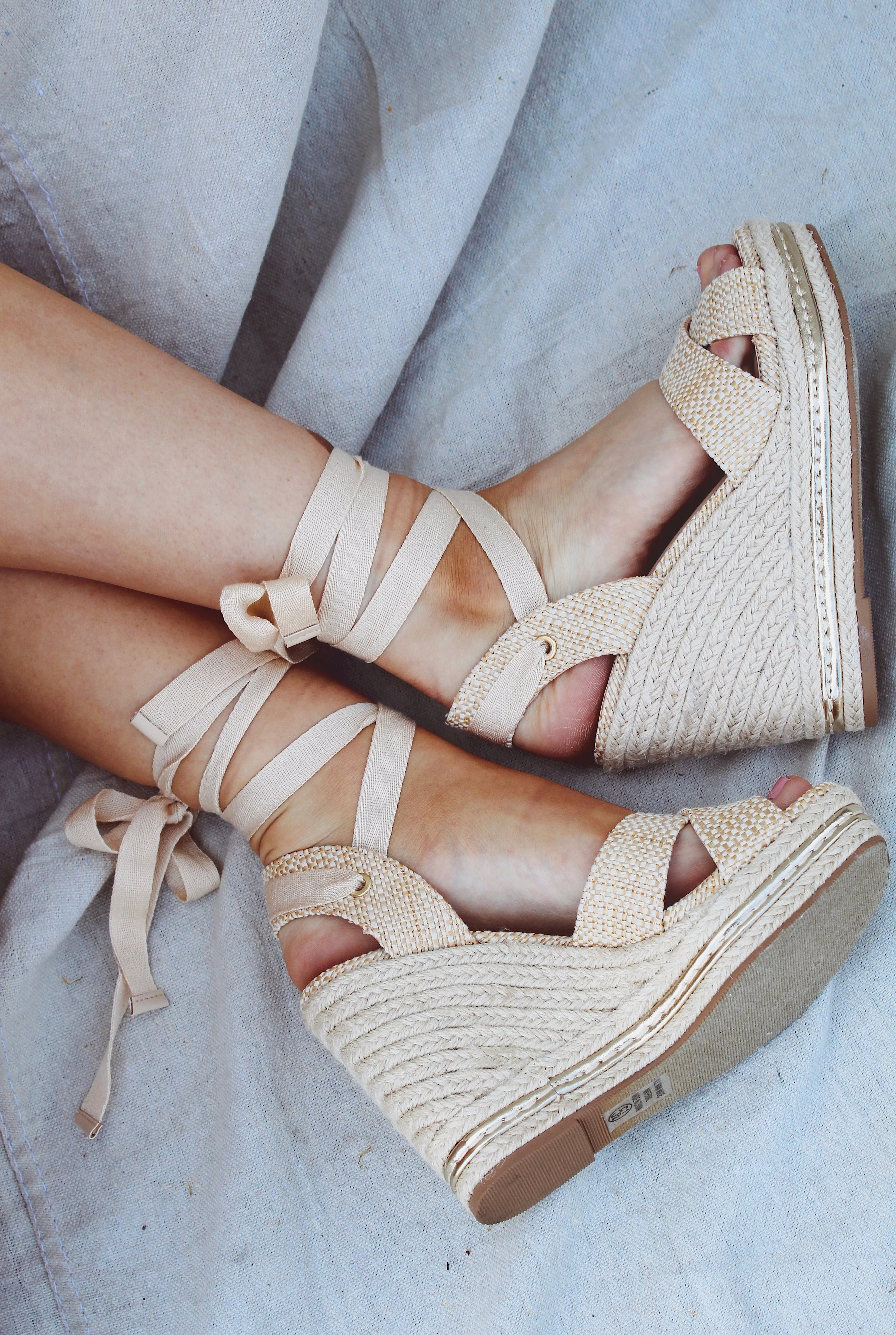 Elegant Tan Woven Lace-Up Espadrille Wedges