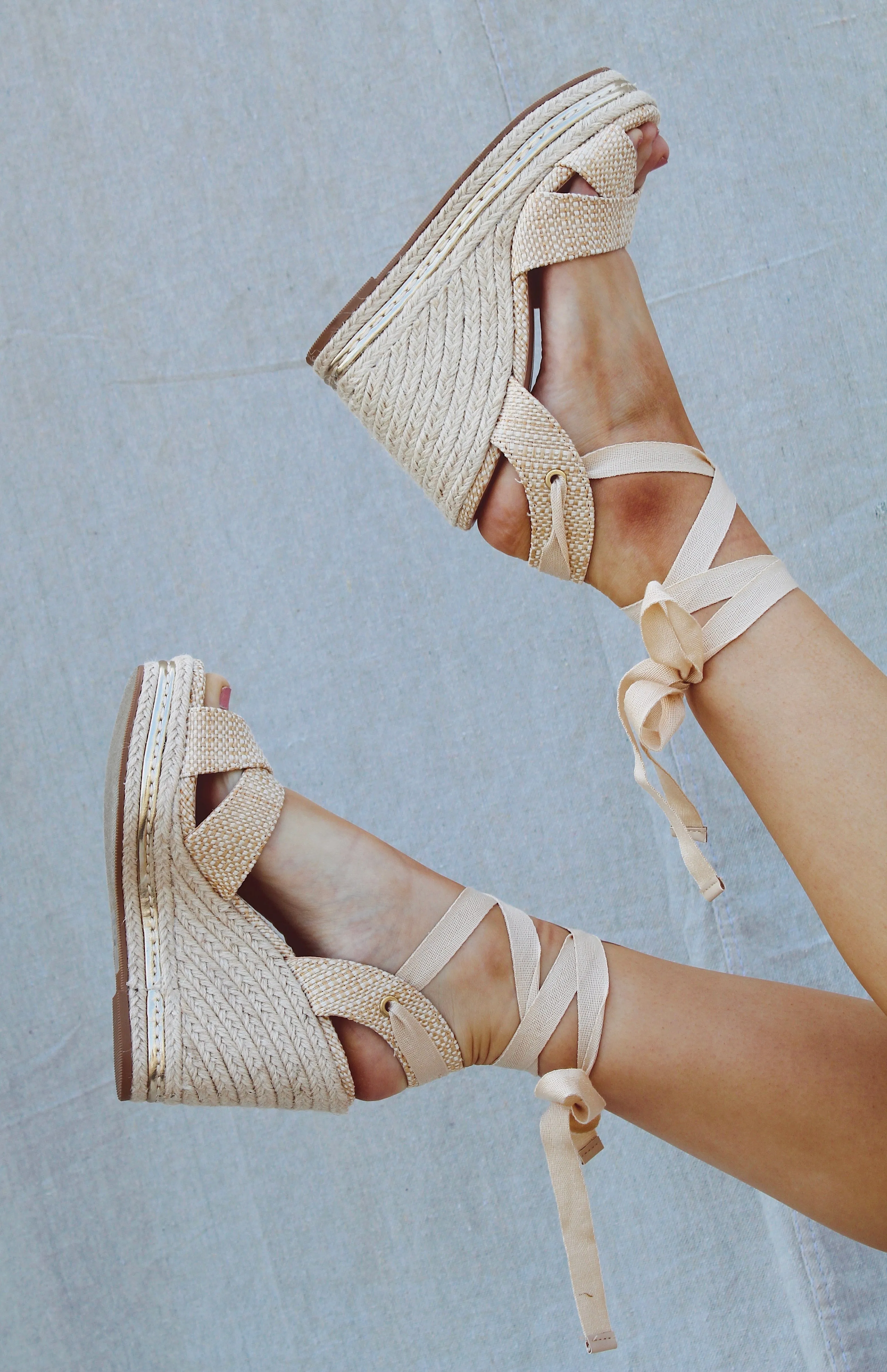 Elegant Tan Woven Lace-Up Espadrille Wedges